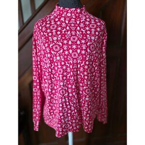 Lands End Womens 1X Mock Neck Long Sleeve Red & White Christmas Print Top